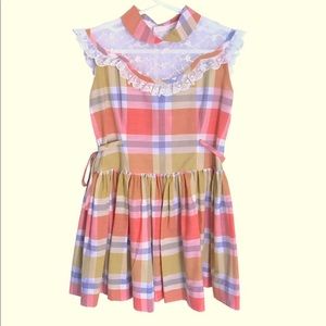 KIDS VINTAGE DRESS EYELET LACE TRIM PLAID STRIPES